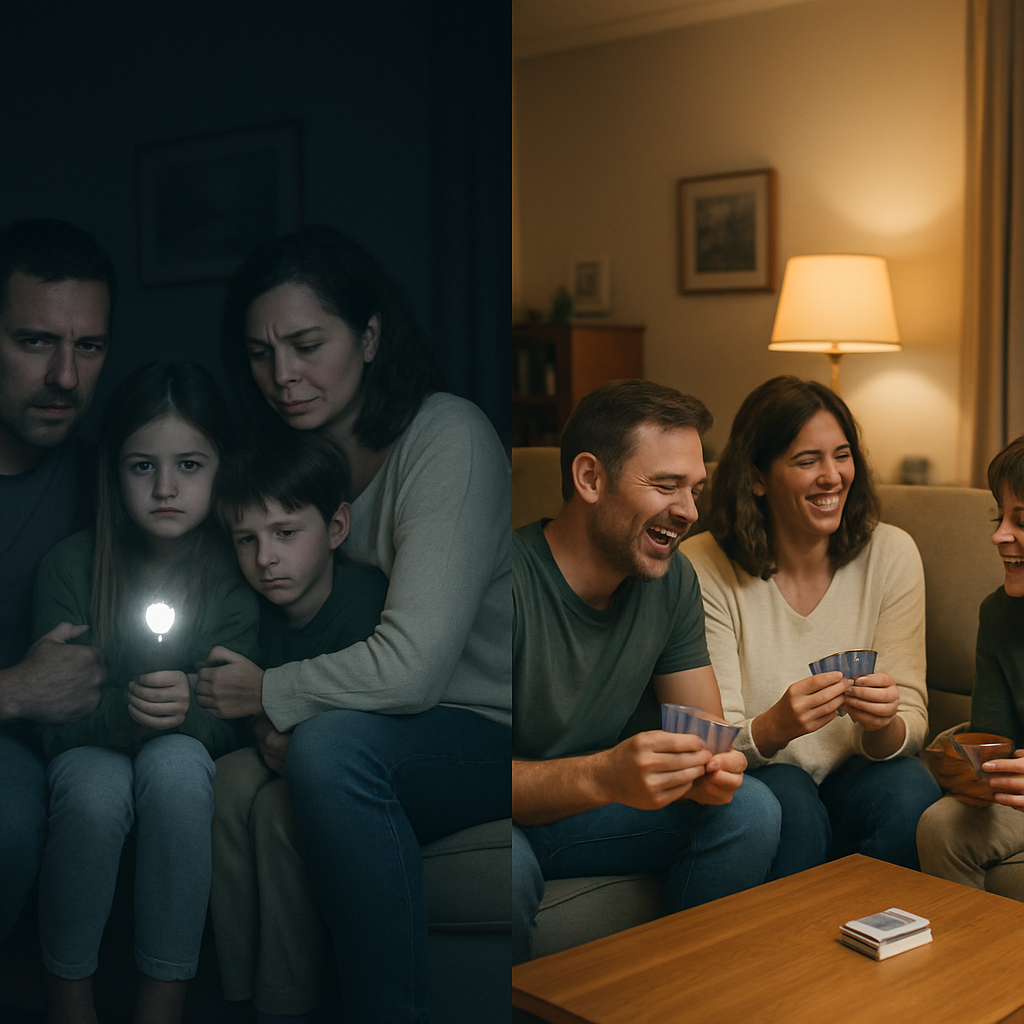 Solar Battery Power Outage - A split-screen image. On one side, a family huddled together in the dark, looking stressed and uncomfortable during a power outage. On the other side, the same family in the same room, now lit warmly, playing cards and laughing. This visually represents the peace of mind a solar battery provides.