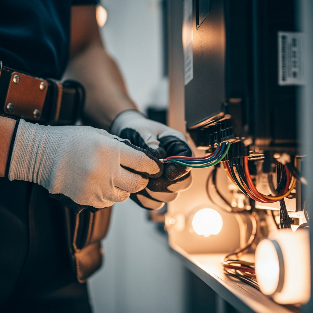 Sungrow Inverter Installation - A close-up shot of an installer's hands, wearing safety gloves, carefully connecting wires inside a sleek, modern inverter box. The focus is on precision and attention to detail. The installer is wearing a tool belt with various tools.