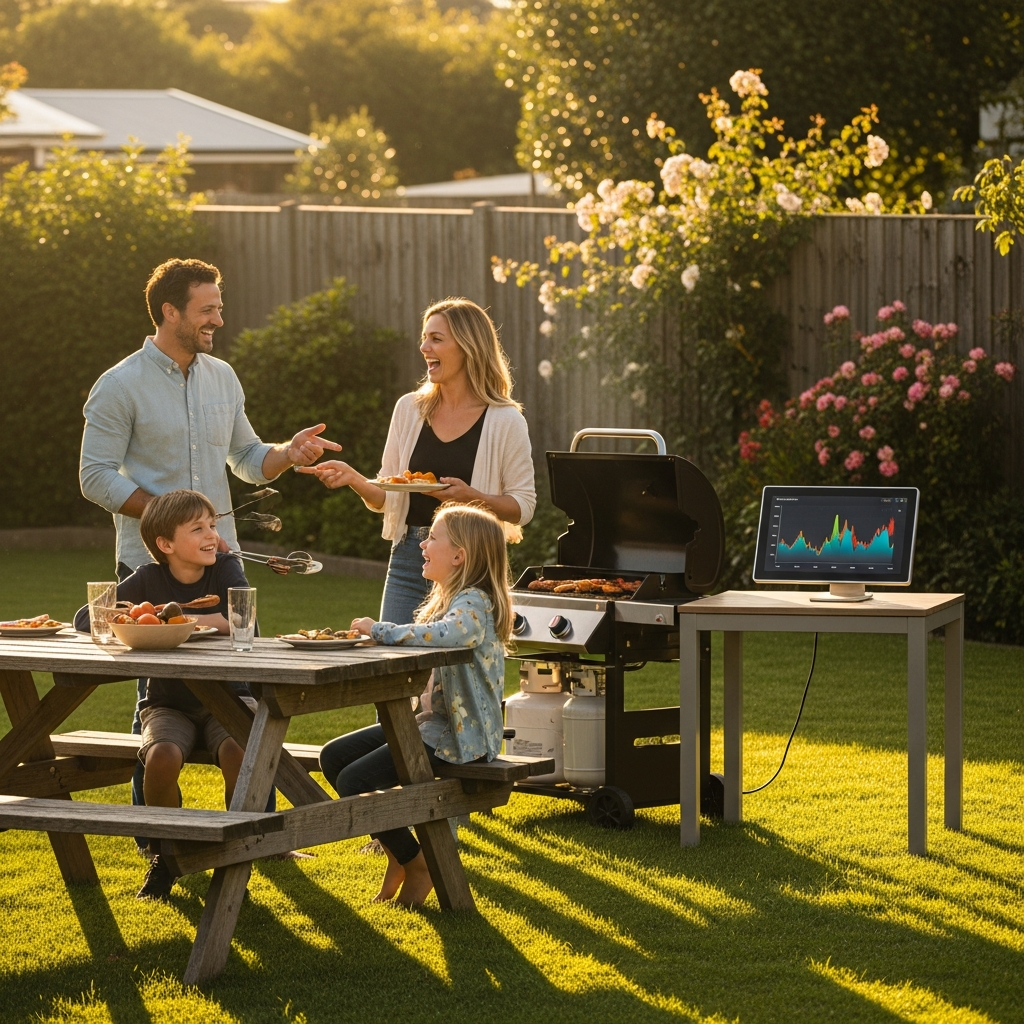 Sungrow Inverter Installation - A split image. On one side, a family is enjoying a sunny BBQ in their backyard. On the other side, a digital display shows a home's energy usage trending downwards. The overall impression is of a happy family saving money and enjoying life thanks to solar power.