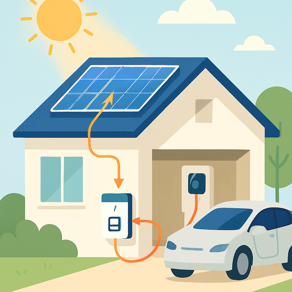 Sizing Your Solar System For An Electric Vehicle In Sydney - A visual metaphor: A stylized illustration of a house with solar panels, connected by an electric cable to a home battery storage unit, which is in turn connected to an EV charger. The sun is shining on the solar panels, and an arrow indicates energy flowing from the panels to the battery, and from the battery to the EV charger, which is plugged into a car. The illustration should be bright, clean, and easy to understand, with simplified shapes and colors.