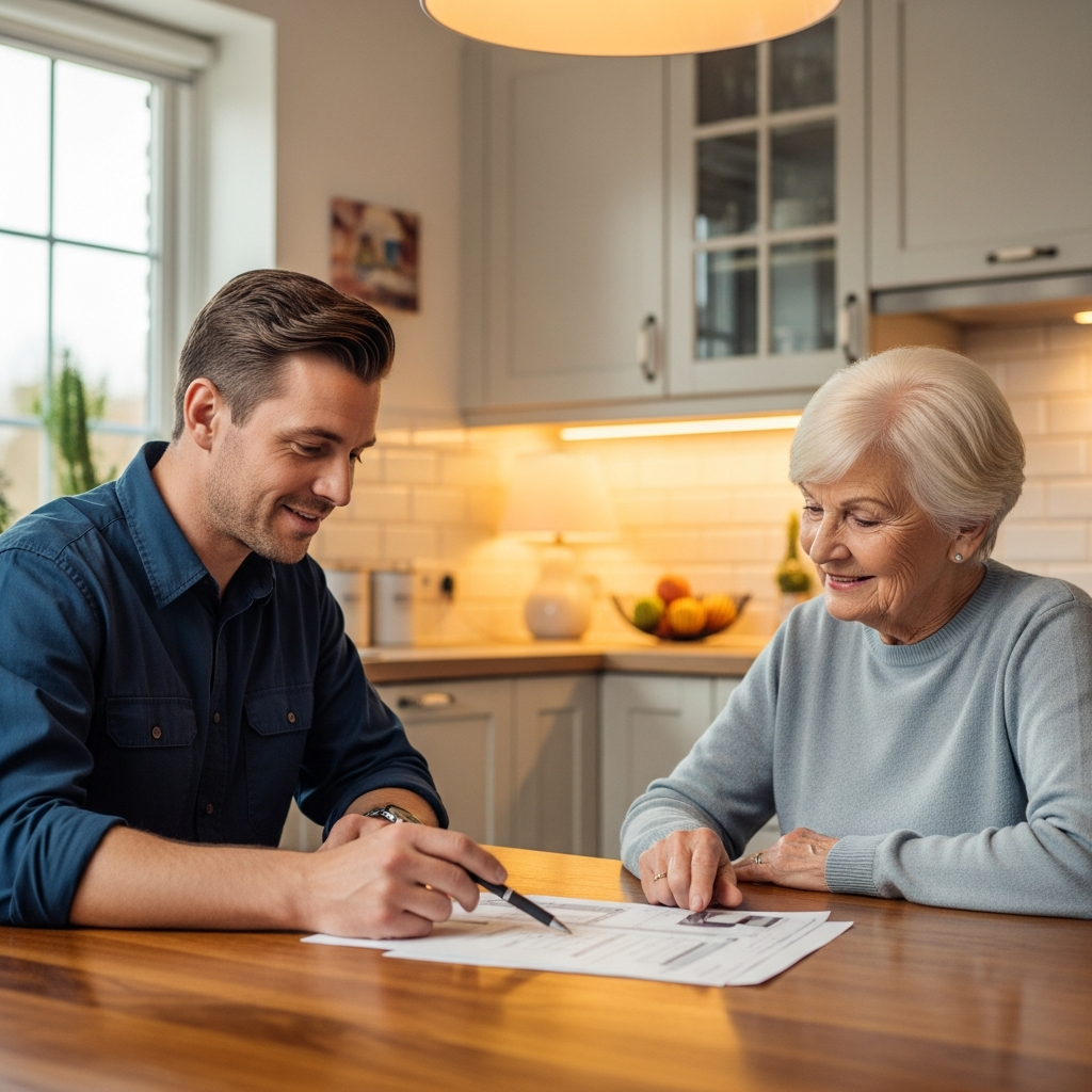 Energex Network Connection - A friendly electrician is sitting at a kitchen table with a homeowner (older woman), reviewing documents together. The electrician is pointing at a specific section of the paperwork with a pen, and the homeowner is nodding in understanding. The scene is well-lit and conveys trust and transparency.