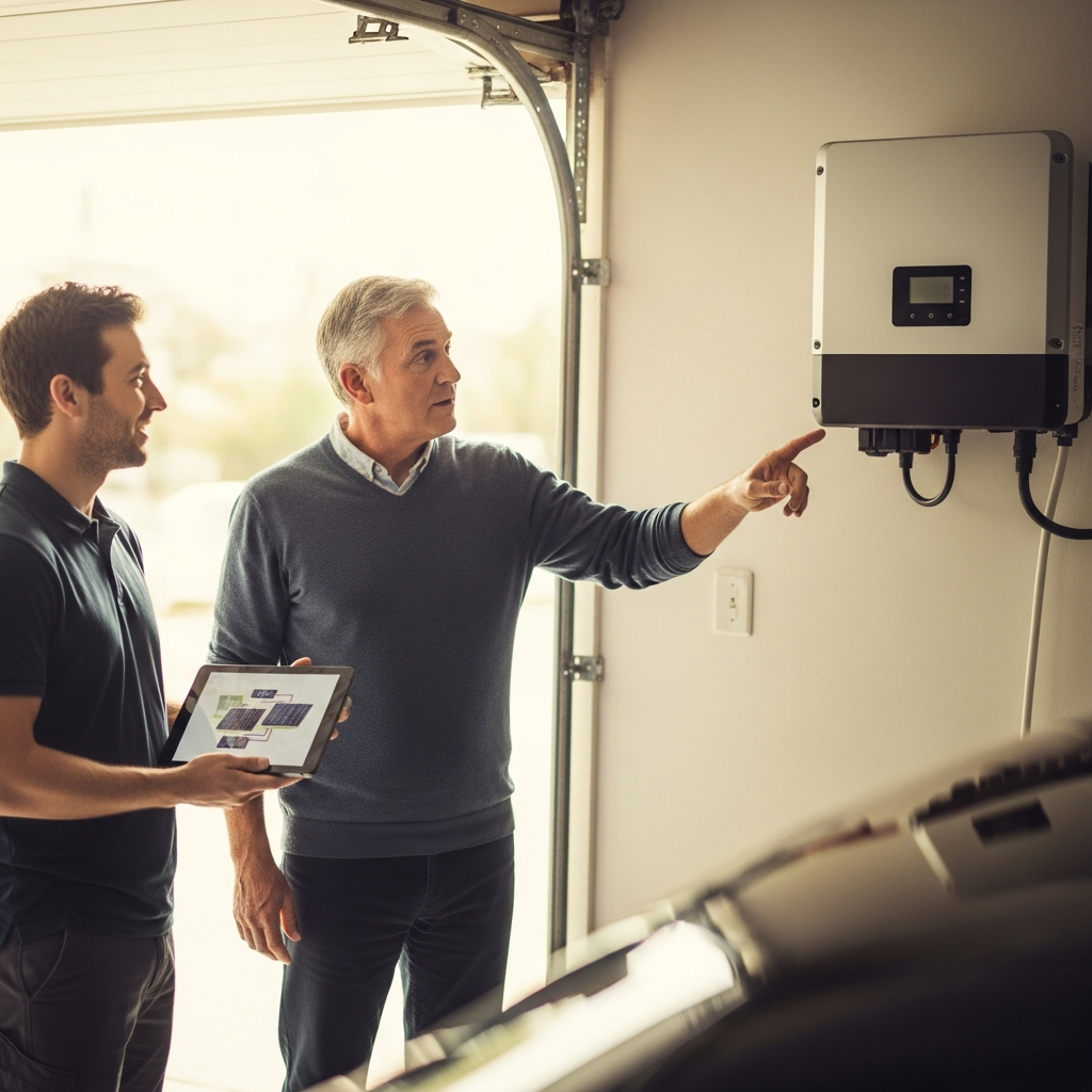 Energex Dynamic Export - A homeowner stands next to a solar installer, pointing to a shiny new solar inverter mounted on the wall in their garage. The installer is holding a tablet displaying a stylized (but unreadable) diagram of a solar system. The homeowner looks curious and engaged. The space is well-lit and uncluttered.