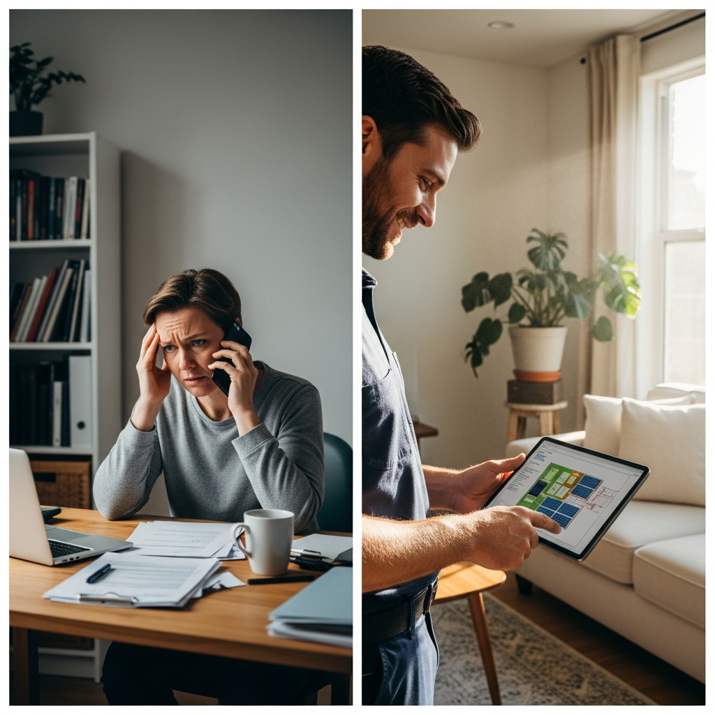 Energex Application - A split-screen image. On one side, a slightly stressed-looking homeowner is on the phone, while on the other side, a solar installer is reviewing system plans on a tablet with a reassuring smile. This conveys the idea of communication and problem-solving.