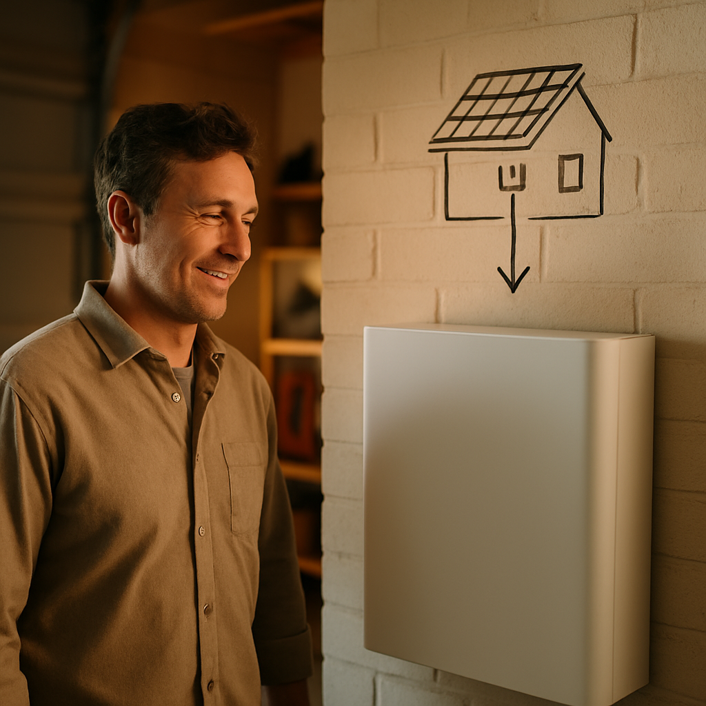Energex Application - A clean, well-lit garage scene. A homeowner is looking at a home battery with a satisfied smile. Above the battery is a stylized diagram showing solar panels on a roof and a flow of energy into the battery. The visual implies self-sufficiency and energy independence.