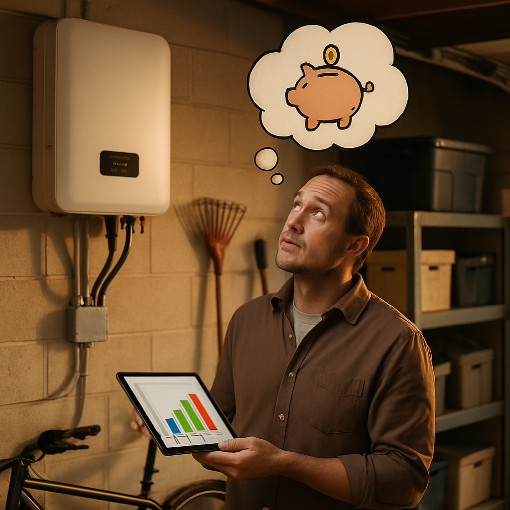 Sungrow Vs. Fronius Hybrid Inverters - A homeowner stands in their tidy garage, looking up at their solar inverter with a puzzled but optimistic expression. They are holding a tablet displaying a simple, colourful graph representing energy savings (no legible numbers or logos). A thought bubble above their head contains a stylized image of a piggy bank.