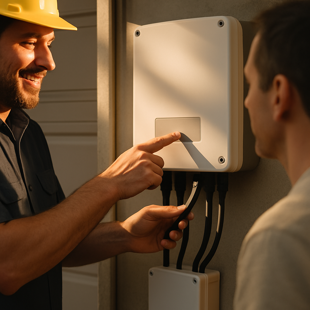 Sungrow Vs. Fronius Hybrid Inverters - A close-up shot focusing on the hands of a friendly, competent-looking solar installer. They are pointing to a label on the side of an inverter (no readable text) and explaining something to a homeowner who is listening attentively. The inverter is mounted on a garage wall, partially shaded.